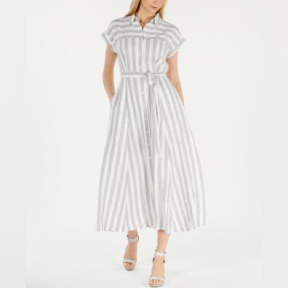 Calvin Klein Striped Button Down Gray and White Dress